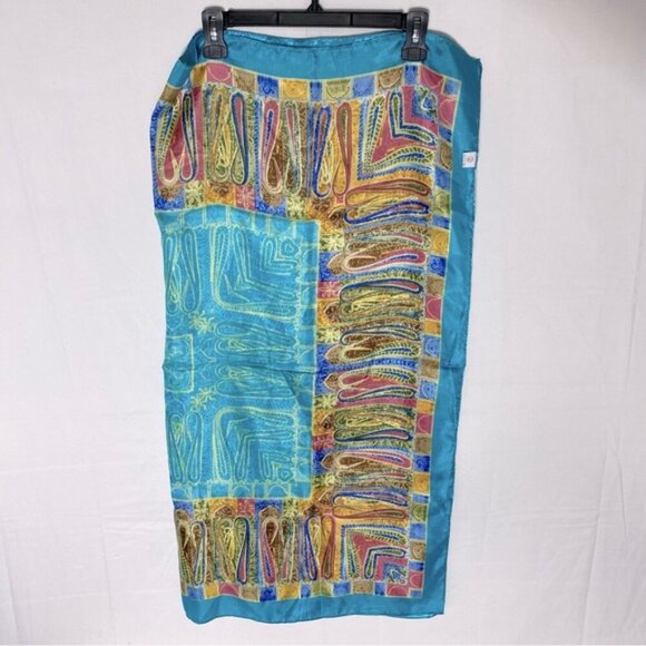 5/$25 Jiaying Blue Yellow Satin Abstract Print Square Scarf - Picture 10 of 16